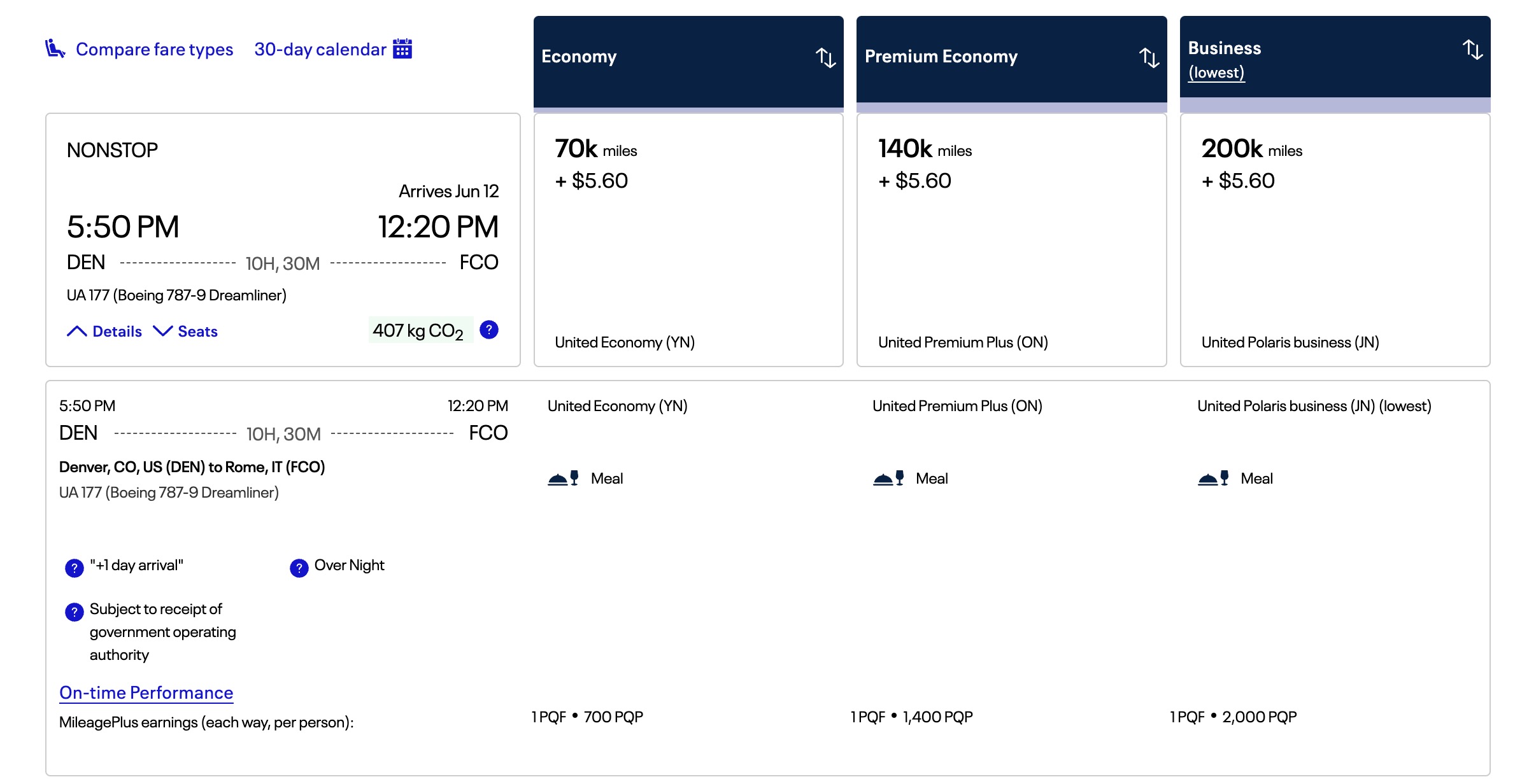 United mileage fares from Denver to Rome on the new nonstop route.